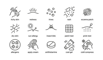 Dermatology and allergy icons showing symptoms and treatments