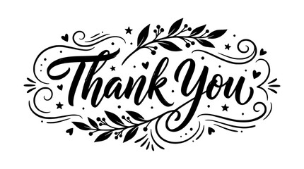 Elegant hand drawn thank you calligraphy lettering text with romantic leaf flourishes and hearts isolated on white background for greeting card vector illustration © Salma