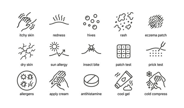Dermatology and allergy icons showing symptoms and treatments