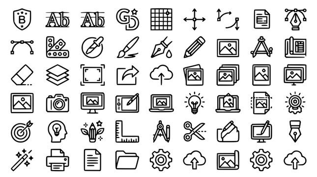 Collection of graphic design line icons and digital art tool symbols isolated on white background for creative software interface vector illustration