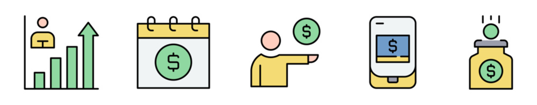 Conjunto de iconos de finanzas digitales. Representa crecimiento, pagos y administraci&oacute;n econ&oacute;mica. Incluye an&aacute;lisis financiero, calendario de pagos, transferencia, pago m&oacute;vil y ahorro