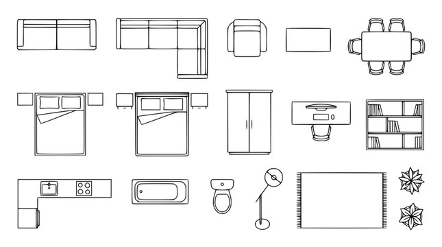 Collection of top view furniture blueprint icons and architectural floor plan symbols isolated on white background for interior layout design vector illustration