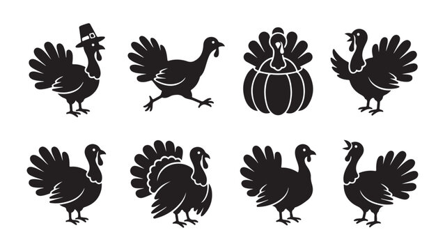 Collection of Eight Thanksgiving Turkey Silhouettes in Different Actions