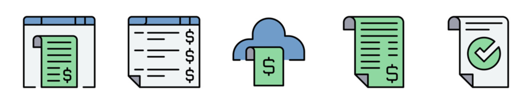 Conjunto de iconos de documentos financieros. Representa gesti&oacute;n y control de operaciones econ&oacute;micas. Incluye factura, cheque, pago en la nube, recibo y documento verificado. Ilustraci&oacute;n vectorial