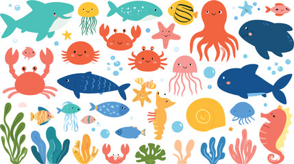Cute Sea Animals Vector Character Set with Octopus Shark Whale and Coral Reef Elements for Kids Ocean Theme Designs and Stickers © Roymohan