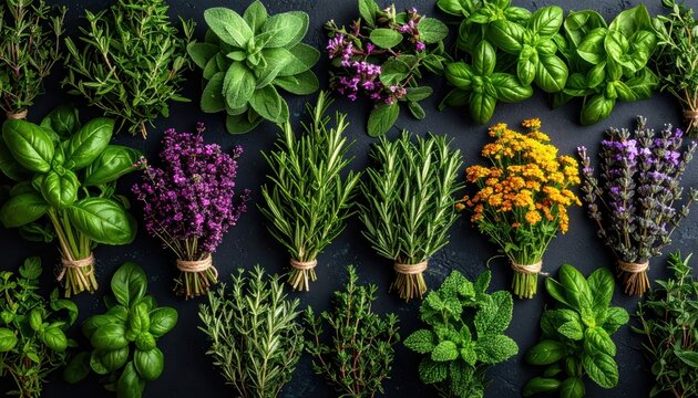 Assorted Fresh Herbs Arranged in Green Rows.