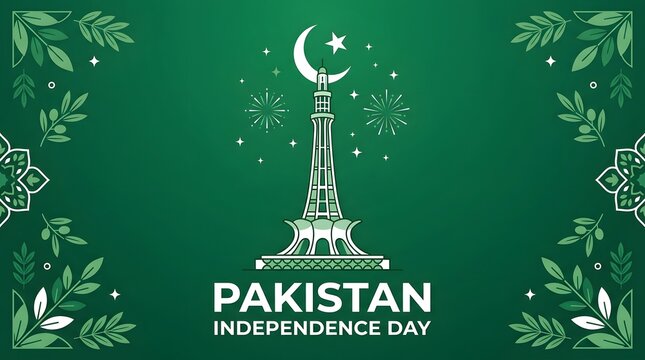 Minar e Pakistan monument with fireworks and floral elements on a dark green background
