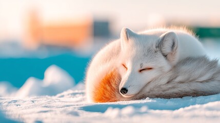 Fototapeta premium Arctic Fox Curled in a Tight Ball on Frozen Tundra in the Winter Landscape