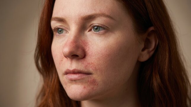 Unwell woman appearance: staphylococcus bacterium, cutaneous irritation, epidermal disease, face discomfort, skin lesion, health concern, medical problem, patient suffer.