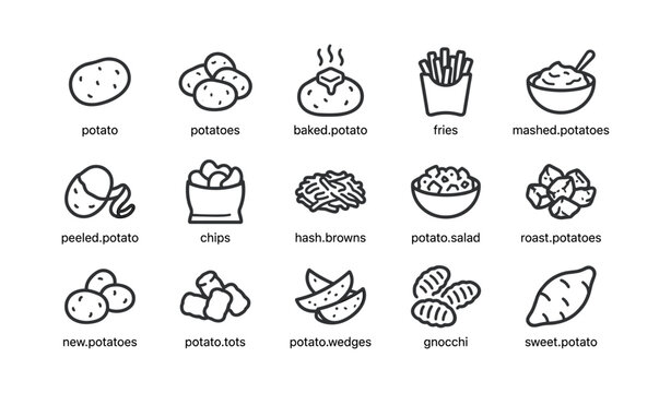 Potato and potato dish icons organized in grid layout
