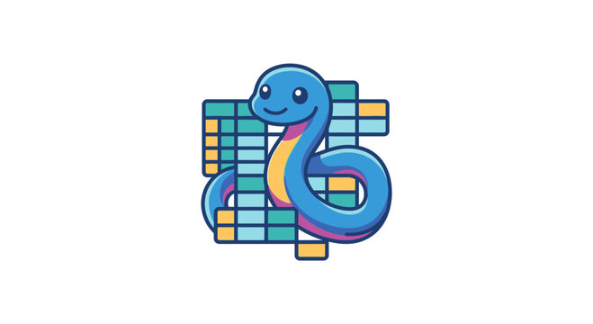 Cute Python Snake Character with Data Grid and Abstract Blocks