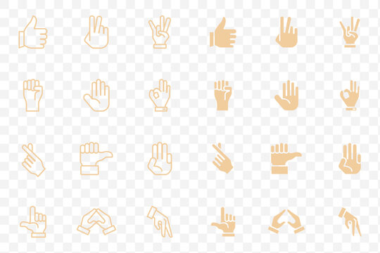 Gestures set icon. Raised fingers, open hands, thumbs, waves, index points, palm displays, and communication hand signs in minimal outline showing pack of different hands gestures and signs set. EPS10