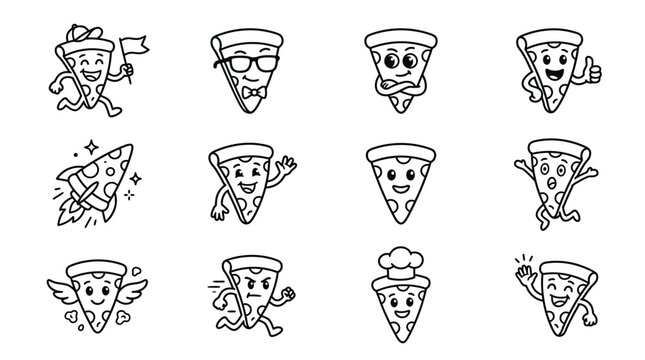 Cartoon pizza characters with emotions.