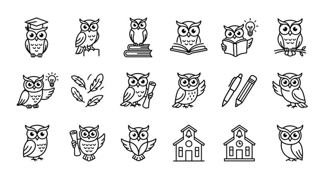 Owl icons in various poses.