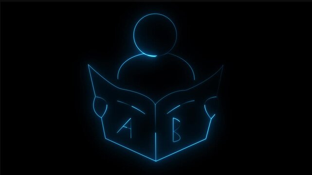 glowing neon person reading book icon isolated on black background. futuristic education, learning, knowledge, and study concept. 4k video animated 