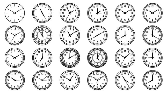 Collection of minimalist round analog wall clock faces and timepiece icons isolated on white background for interior decoration vector illustration