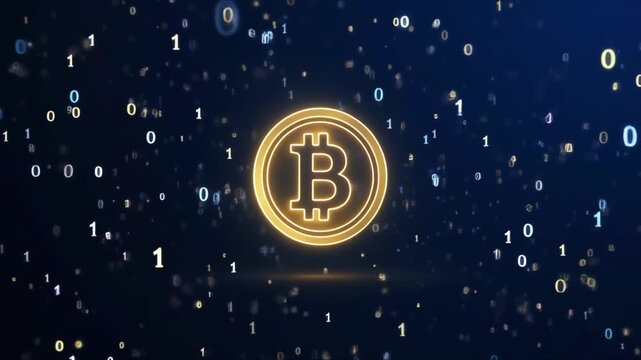 Glowing golden bitcoin symbol floating amidst falling binary code in this dynamic digital motion video animation