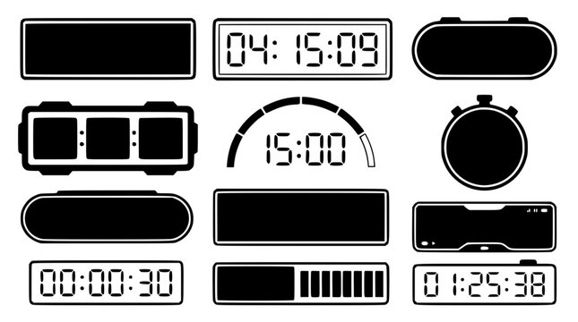 Collection of digital clock faces timer countdown and electronic scoreboard icons isolated on white background for user interface vector illustration