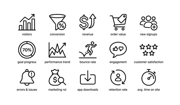 Website analytics icons showing metrics and performance indicators
