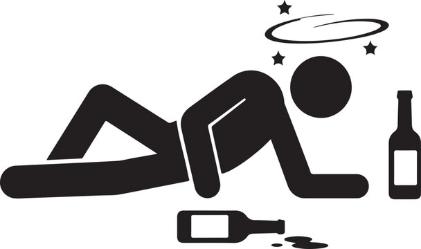 Drunk man stick figure icon, intoxicated person lying on floor with alcohol bottles, dizzy male character with stars above head, alcoholism and addiction vector