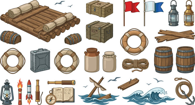  Vintage maritime exploration illustration collection featuring wooden cargo crates rescue gear flags anchor and ship logbook design elements 
