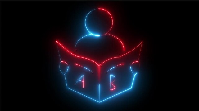  futuristic education, learning, knowledge, and study concept. 4k video animated ,glowing neon person reading book icon isolated on black background.