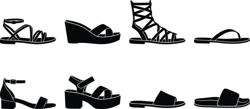 Women Sandals Silhouette Vector Collection with Flat Wedge Platform and Gladiator Footwear Designs