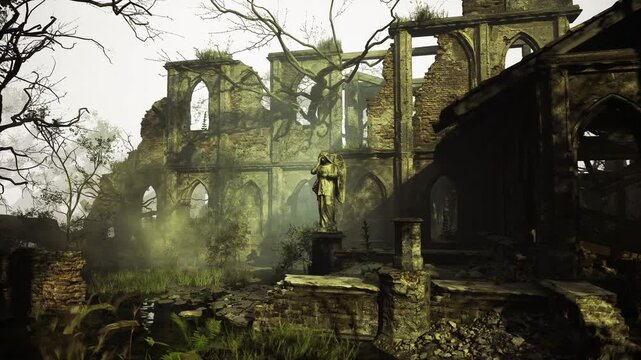 Overgrown ruined cathedral bathed in sunlight, mosscovered arches and collapsed nave framed by dense foliage, shafts of light piercing mist, empty stone altar