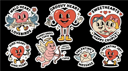 Naklejka premium Heart Sticker Set Cartoon vintage romantic Valentines day sticker, groovy hearts with leg and hands. Cute 30s love funny angel cupid and happy couple. SVG cut out