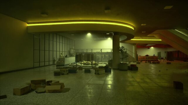 Eerie abandoned marketplace. Neglected shopping area under gloomy neon lights. Deserted commercial corridor with broken pallets and eerie ambiance