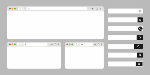 Modern browser interface mockup with search bar collection. Minimal web browser windows and UI search elements. Flat vector illustration. © Ezra