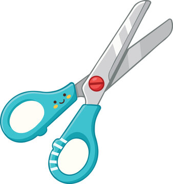Cute kawaii-style blue scissors character illustration with a happy face, isolated on a white background.