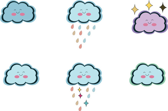 Cute and cheerful cloud icon set featuring smiling faces, raindrops, and sparkling elements in a flat vector style.