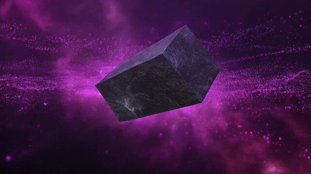 Floating dark marble rectangular block rotating in deep space with vibrant purple glowing motion animation footage