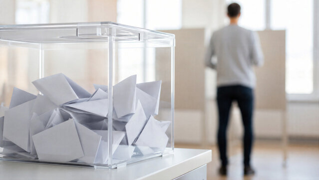 Transparent ballot box filled with paper votes at polling station. Man voting in election booth. Concept of democracy, civic duty and choice. Politics, government and social participation.
