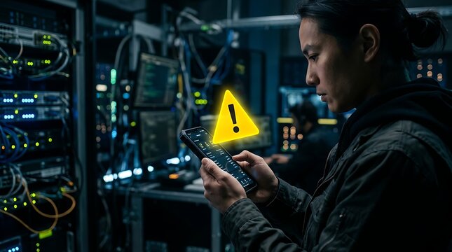 Data center security breach man viewing warning on smartphone cybersecurity alert
