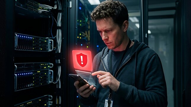 Cybersecurity alert man investigating server security breach in data center