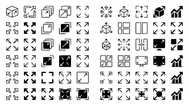 Collection of user interface expand full screen and data scaling line icons isolated on white background for app development vector illustration