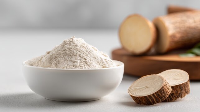 Fresh tapioca flour in a white ceramic bowl with sliced manioc root pieces on a neutral gray surface, showcasing this gluten-free alternative ingredient for healthy cooking and baking recipes.
