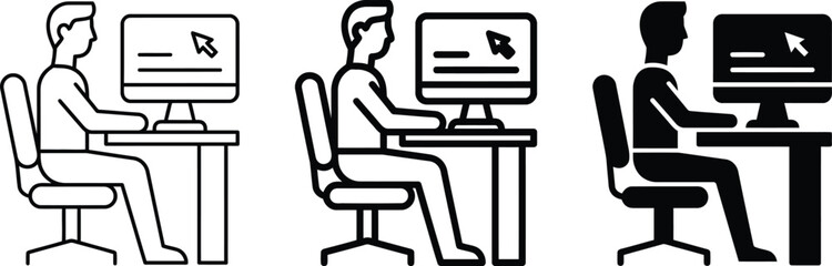Fototapeta premium Three people sitting at desks working on computers with monitors office workers using PCs