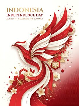 Indonesia independence day celebration poster design with a red and white phoenix bird and floral elements