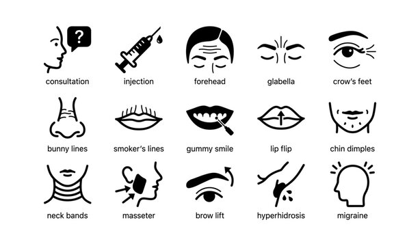 Facial injection and cosmetic treatment icons arranged in grid