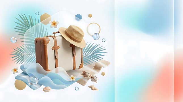 Vintage suitcase with summer straw hat and tropical palm leaves for a fun vacation trip concept illustration
