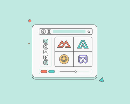 Graphic design application interface featuring abstract logos and creative asset toolkit on mint background