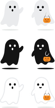Cute ghost icon set featuring waving spirits and ghosts carrying jack-o'-lantern candy buckets, available in multiple color variations for Halloween.