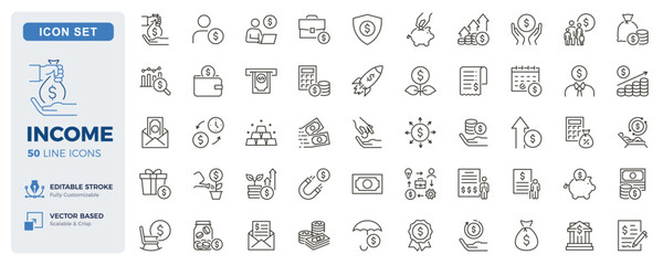 Fototapeta na wymiar Income, personal finance and wealth management icons. Earnings, salary, investments and financial growth thin line icon set. Editable stroke vector illustrations.