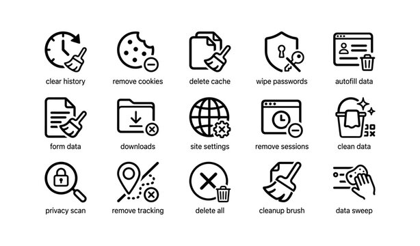 Icons showing data cleanup and privacy actions on white background