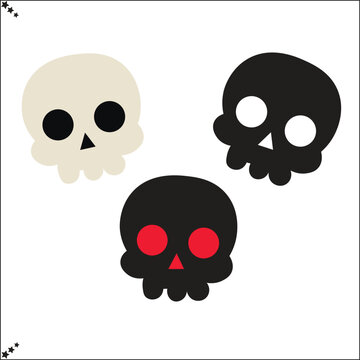 Set of three stylized skull icons featuring different color variations, isolated on a white background.