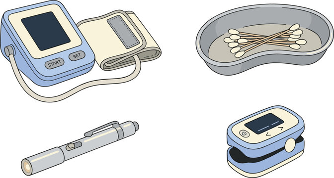 Medical Diagnostic Equipment Vector Icon Set with Digital Blood Pressure Monitor Pulse Oximeter Kidney Tray with Swabs and Doctor Penlight Elements