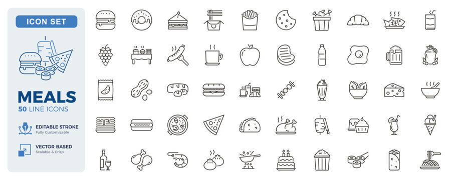 Meals, fast food and restaurant cuisine icons. Food, beverages and dining thin line icon set. Editable stroke vector illustrations.